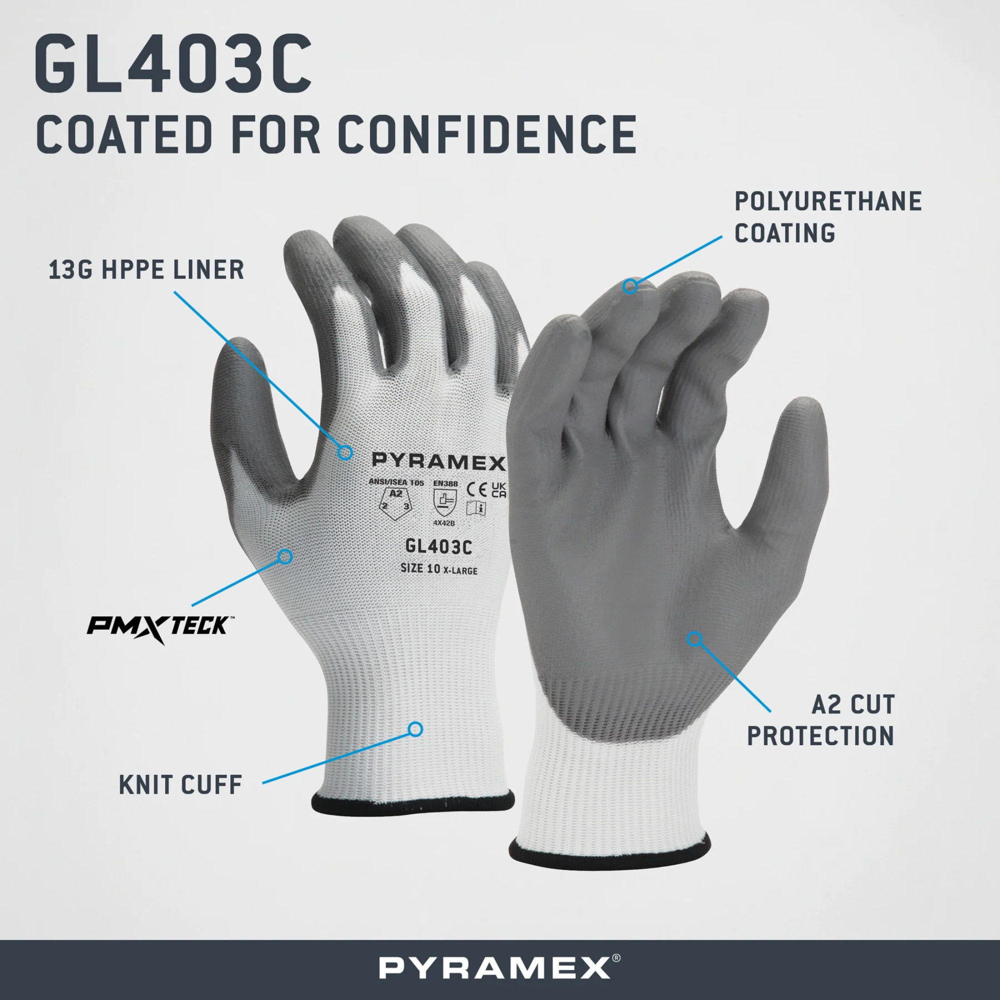 Pyramex GL403C Polyurethane A2 Cut-Resistant Seamless Knit Glove from Columbia Safety